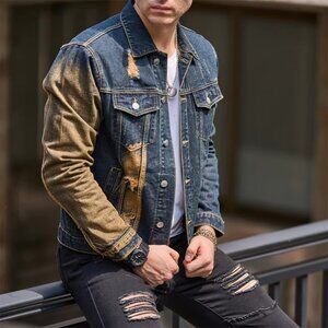 Distressed Two-Tone Mens Denim Jacket Size Medium Casual Wear Relax Fit NEW